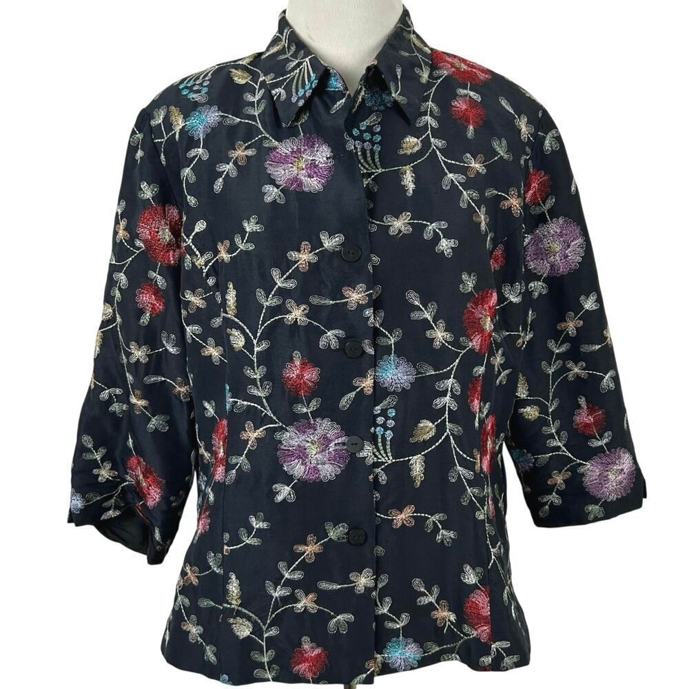 SilkLand Silk Embroidered Blouse Petite 14P Floral Button Up Artsy